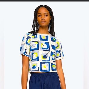 Sea New York Blue, White & Yellow Crochet Patchwork Top